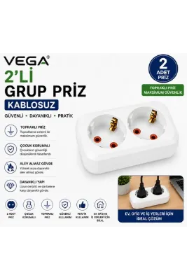 VEGA 2'li Kablosuz Grup Priz Topraklı Priz Çoğaltıcı Priz Grişi Yoktur Kablo Yoktur