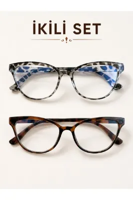 PİYESBOUTİQUE Nila 2'li Set Cat Eye Zebra Leopar Kemik Şeffaf Kadın Erkek Unisex Mavi Işık Korumalı Ekran Gözlüğü Gözlük
