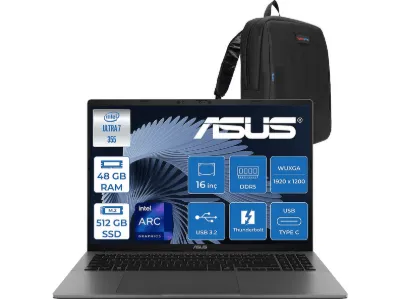 ASUS Vivobook S16 S3607AA WSH189WF17 Intel Core Ultra 7 355 48 GB RAM 512 GB SSD 16 inç FreeDOS Laptop+Çanta Gri