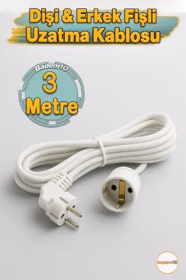 Badem10 Seyyar Uzatma Kablosu 3 Metre Dişi-Erkek Fişli F19C Kalın Priz Prizli Sanayi Bahçe Elektrik Kablosu