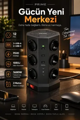 ROBEVE Fulltech Prime 12’li Akım Korumalı Kule Priz 3680W - 1050J Koruma, PD20 Destekli 3 USB-A + 2 USB-C, 2 Metre Kablolu Dikey Çoklu Uzatma Prizi Grup Priz 12'li Fiş 12'li Priz