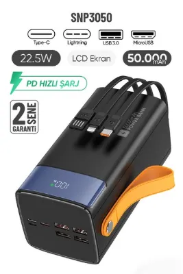 Feny SNP-3050 50.000 Mah PD 22.5W Hızlı Şarj Dahili Kablolu Powerbank Taşınabilir Şarj Cihazı