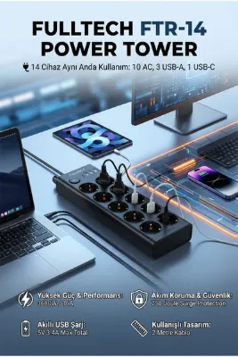 Fulltech FTR-14 Çoklu Priz 10’lu + 3 USB + 1 Type-C 3680W 16A Anahtarlı Akım Korumalı Uzatma Prizi (