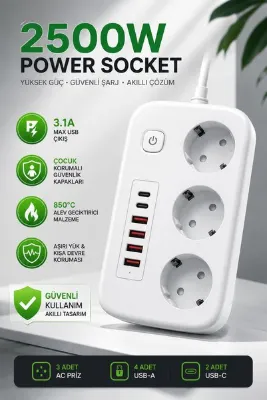 Happy Owl 2500W 3'lü Akım Korumalı Priz 4 USB + 2 Type-C Girişli Çoklu Priz Anahtarlı Hızlı Şarj Uzatma Prizi Çocuk Korumalı