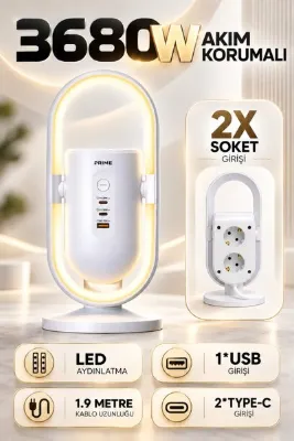 ekovolt Akım Korumalı Masaüstü Fulltech FTR-39 Priz ve LED Aydınlatma, 2 Priz, 2x USB-C PD 20W, 1x USB-A QC 18W, 1050J Koruma, 3680W, 1.9 m Kablo