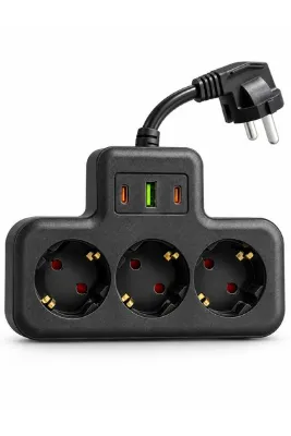SMAYLİNG 3'lü Akım Korumalı Çoklu Priz 2 Type-C 1 USB Girişli 10 cm Kablolu Çocuk Korumalı Siyah Priz