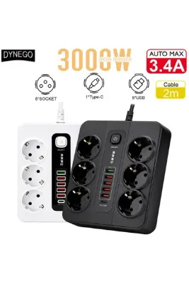 Dynego Termal Akım Korumalı 3000 W 10 Amper 6 lı Priz 2 Metre Uzatma Kablosu Çoklu Priz 5 Usb 1 Type C