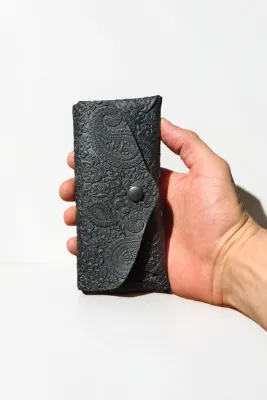 MAT Deri Siyah Gözlük Kılıfı Desenli Deri Erkek Kadın Güneş Gözlüğü Kabı