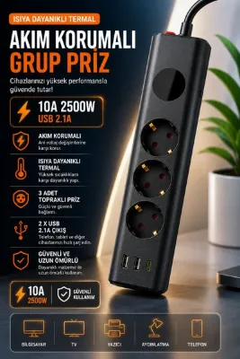 MATECHNO 3'lü Akım Korumalı Topraklı Çoklu Priz 2500W | 2 USB + 1 Type-C | Isıya Dayanıklı Termal Korumalı | Anahtarlı Grup Priz Uzatma Kablosu