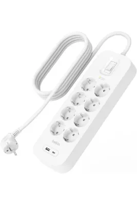 Belkin 8'li Çoklu Priz, Yüksek Gerilim Korumalı, Hızlı şarj için USB C PD'li USB-C ve USB-A
