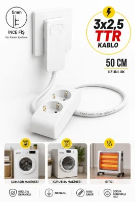 Aryes 2’li Priz 3x2,5 TTR Kalın Bakır Kablolu İnce Fiş Topraklı 50 cm