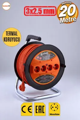 Badem10 Makaralı Uzatma Kablosu 3x2.5 mm 20 Metre Plastik Seyyar Makara 4 Prizli Monofaze Termal Sigortalı