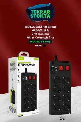 Blic NOVAREXGLOBAL FTR-08 8’li Akım Korumalı Priz 3 USB Girişli 4000W 16A 2 Metre Kablolu Çoklu Priz