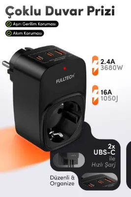 Fulltech FTR-24 Çoklu Duvar Prizi 16A 3680W Siyah | 2x USB-C + 1x USB-A Şarjlı Priz | Akım Korumalı