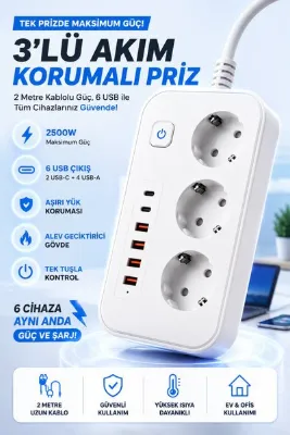 MATECHNO 3’lü Akım Korumalı Priz 2500W 10A 2 USB-C + 4 USB Şarj Çıkışlı 2 Metre Kablolu Çoklu Priz Grup Priz Uzatma Kablosu