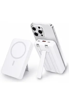 qasul 10000 mAh Manyetik Powerbank Kablosuz + Lightning & Type-C Kablolu Standlı Taşınabilir Şarj Aleti