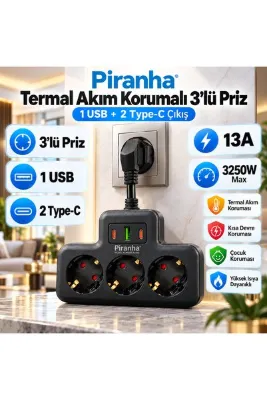 Piranha 3'lü Priz 3250 W 13A Termal Akım Korumalı 1 USB 2 Type-C Çıkışlı Çocuk Korumalı Çoklu Priz