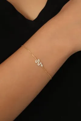 Bilsen Store 925 Ayar Gümüş Zincirli Altın Kaplama Zirkon Taşlı Yılan Model Bileklik