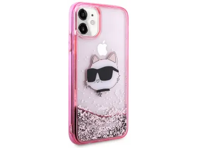 KARL LAGERFELD Apple iPhone 11 Uyumlu Sıvılı Simli Choupette Head Dizayn Kapak Telefon Kılıfı Pembe
