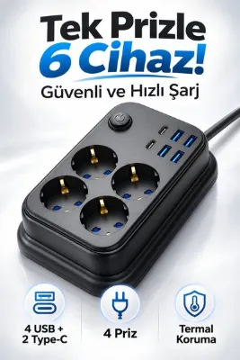 MATECHNO Akım Korumalı 4’lü Priz 2x USB-C 4x USB-A Şarj 2m Kablo Uzatma Çocuk Korumalı Çoklu Priz