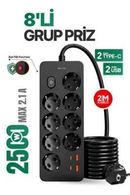 Seyoni 8’li Grup Priz 2 USB 2 Type-C Girişli 2 Metre Kablolu Aşırı Yük Korumalı 2500W
