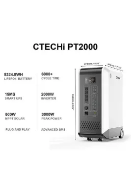 CTECHI PT2000 2KW 5324WH LiFePo4 Taşınabilir Güç İstasyonu (Tekerlekli) (1664000 mah)