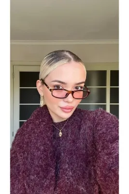 TomyHelf Retro Pembe Camlı Kadın Gözlük UV400 Korumalı Kahverengi Slim Dikdörtgen Model