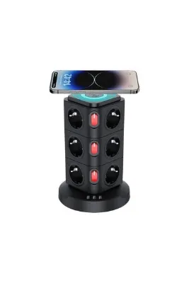 Akım Korumalı Kule Priz Kablosuz Şarj Istasyonu 12 Soket 1 Usb 2x Type-c Wireless Şarj Istasyonu