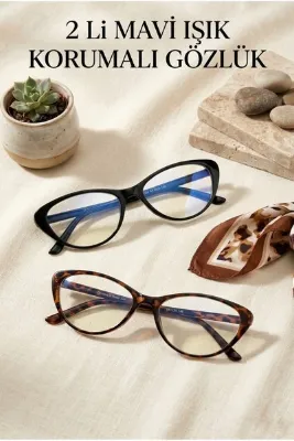 Zzla Mavi Işık Korumalı 2'Lİ SET Gözlük Cat Eye Optik Uyumlu (Şeffaf Camı Değişebilir) 48 Ekartman