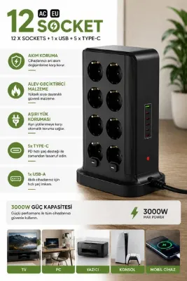 TECHNOMEN 12'li Akım Korumalı Kule Priz 3000W – 5 Type-C + USB Girişli Çoklu Priz, Aşırı Yük Korumalı Dikey Şarj İstasyonu