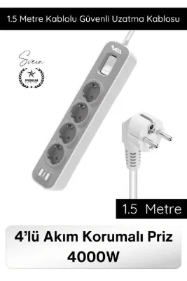 Svein #UzatmaKablo 4’lü Akım Korumalı Priz 4000W 1.5 Metre Kablolu Çoklu Priz Aşırı Gerilim Korumalı 4 Soketli Güvenli Elektrik Kullanımı Uzatma Kablosu Dayanıklı Uzun Ömürlü Uzun Kablo Ev İş Yeri İçin