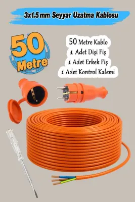 Badem10 Seyyar (3x1.5 mm) 50 Metre Uzatma Kablosu TTR CCA Telli Elektrik Kablo Kontrol Kalem Dişi Erkek Fiş