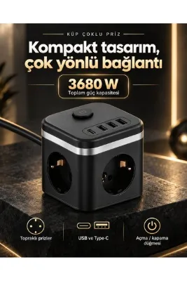 ABRAXTECH Küp Çoklu Priz 3680 W 3 USB 1 Type-C Topraklı Anahtarlı Masaüstü