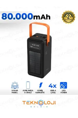 Güneş Enerjili Solar Powerbank 80.000 mAh Dijital Göstergeli El Fenerli 4 Çıkış Taşınabilir Batarya