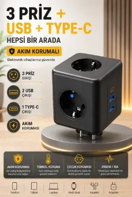 Montbell Akım Korumalı Priz Çoklayıcı 3'lü Priz 2 USB 1 Type-C Şarjlı Çoklu Priz 2500W Termal Korumalı