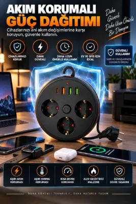 MATECHNO Makaralı 3'lü 1.5 M Uzatma Kablosu Akım Korumalı Priz 3x USB 1x Type-C Giriş Duvar Askılı Priz