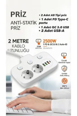 sonx Akım Korumalı 2500W Güçlü 3 USB + Type-C Portlu Çoklu Priz | Hızlı Şarj, Çocuk Kilidi, 2 METRE