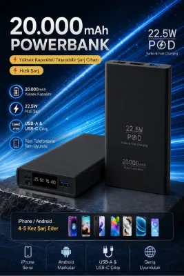 TEKNOAS İLETİŞİM 20000 mAh Powerbank Hızlı Şarj Taşınabilir Şarj Aleti Tüm Telefonlarla Uyumlu