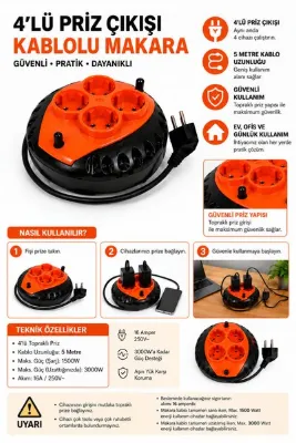veetrin Mini Kablolu Makara 4’lü Topraklı Priz 5 Metre 3x1,5 mm² Uzatma Kablosu