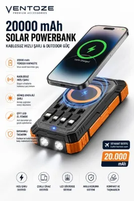 Ventoze 20000 mAh Güneş Enerjili Solar Powerbank Kablosuz Hızlı Şarj Cihazı Kamp Tipi Outdoor