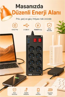 Light Nova 8’li Akım Korumalı Çoklu Priz | 4000W | 16A | 3xUSB-A Girişli | 2 Metre Uzatma Kablosu