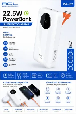 ACL PW-107 20000 mAh 22.5W Hızlı Şarj Powerbank | Dahili USB-C & Lightning Kablolu | LCD Ekran | PD