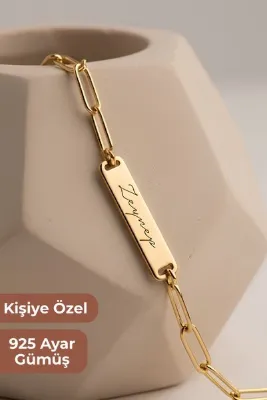 Suvindo Kadın 925 Ayar Gümüş 14K Altın Rengi Kişiye Özel İsimli Ataç Zincirli Mini Bar İsim Bileklik Kadın Hediyelik Takı
