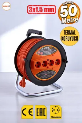 Badem10 Makaralı Cca Uzatma Kablosu 3x1.5 Mm 50 Metre Plastik Seyyar 4 Prizli Monofaze Termal Sigortalı