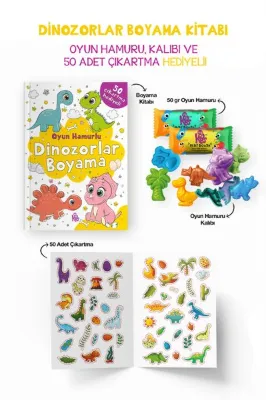Dinozorlar Boyama Kitabı - Oyun Hamuru Kalıbı ve 50 Adet Çıkartma Hediyeli 3 + Yaş