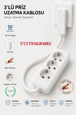Aryes 3’lü 50 cm Uzatma Prizi 3x2,5 mm² TTR Kalın Bakır Kablolu İnce Fişli Topraklı – 3680w