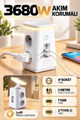 Enshall Akım Korumalı Masaüstü Fulltech FTR-38 Priz, 4’lü Priz, 2x USB-C PD 20W + 1x USB-A QC 18W Hızlı Şarj, 600J Aşırı Gerilim Koruması, 3680W, LED Aydınlatma, 1.9 m Kablo Beyaz