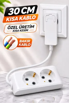 Aryes 2'li 30 cm İnce Fişli Uzatma Kablosu Ultra İnce Fiş Kısa Kablo Dar Alanlara Uygun