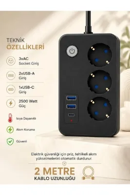 FEDDY Termal Akım Korumalı 3lü Priz 2-Usb 1-Usbc 2mt Kablo Aç Kapa Anahtar 2500 Watt