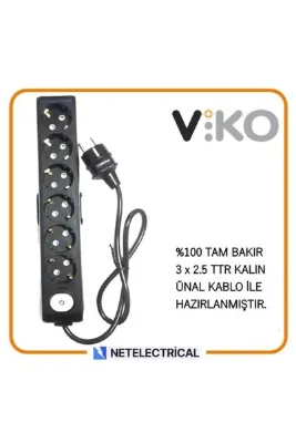 VİKO Multi-let Siyah 6'lı 10 Metre Anahtarlı Topraklı Ç K. Grup Priz (3x2.5 TTR TAM BAKIR KALIN KABLOLU)